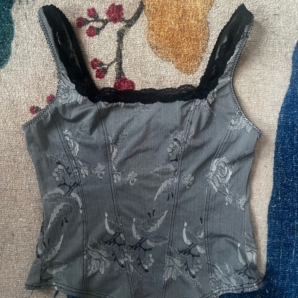Gray Floral Lace Trim Women's Top